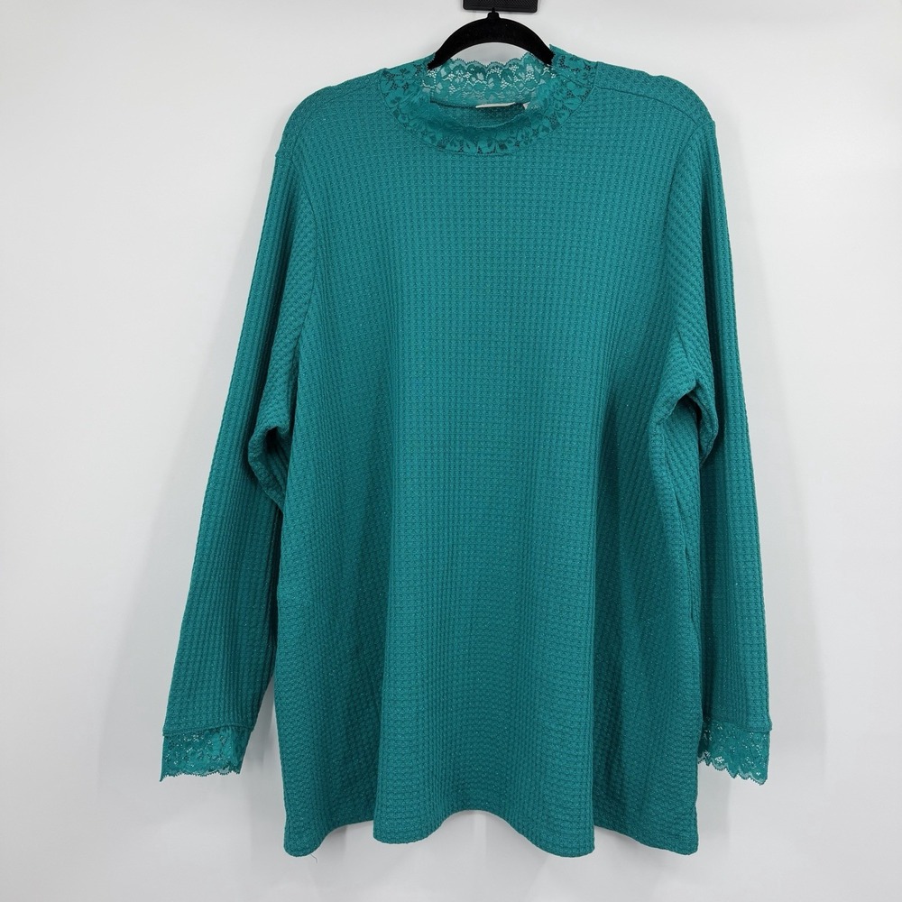 LOGO  Lori Goldstein Tunic Blouse Womens 2x Teal Lace Waffle Knit Stretch